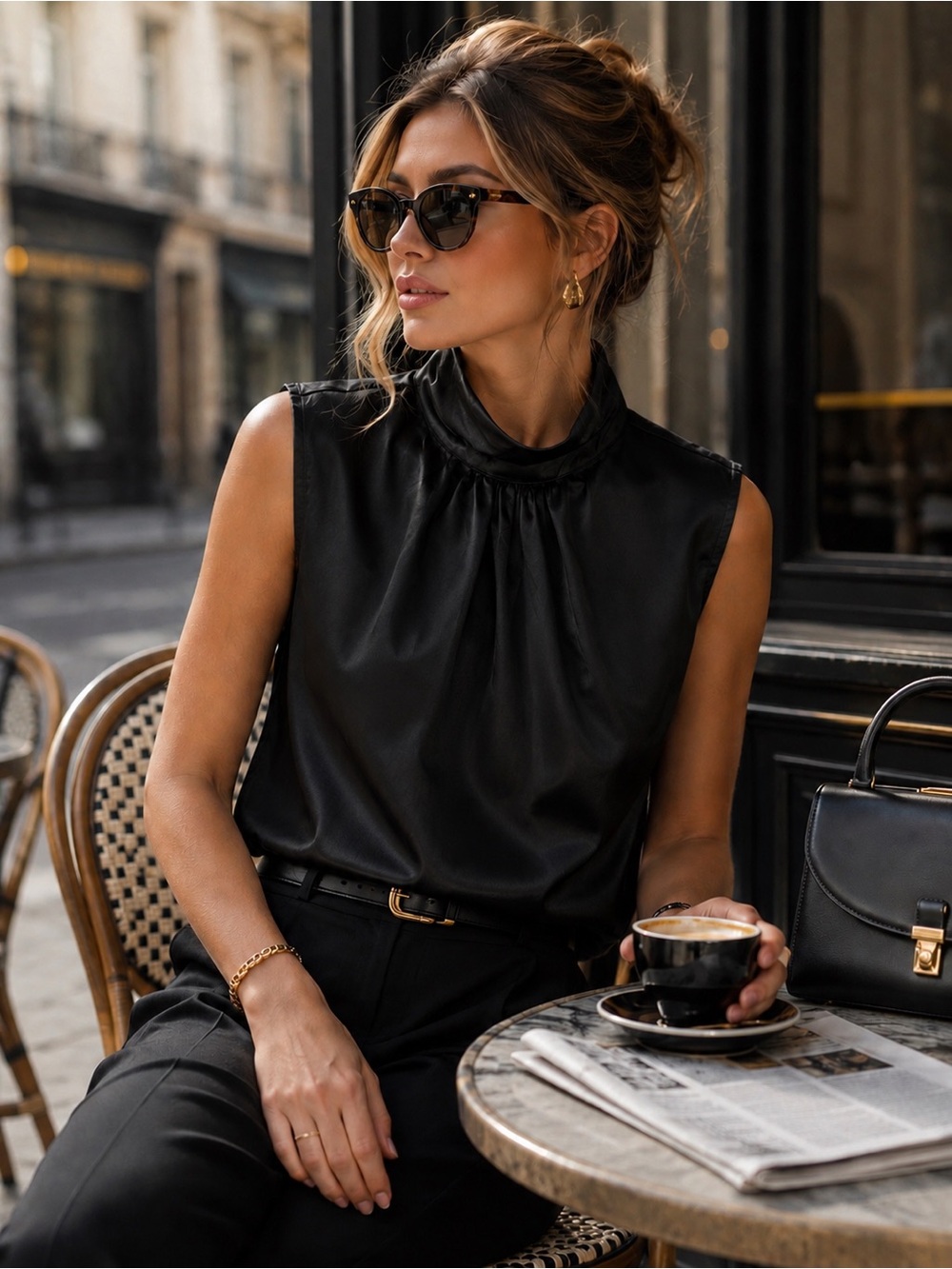 Sleek Black Satin Mock-Neck Sleeveless Camisole